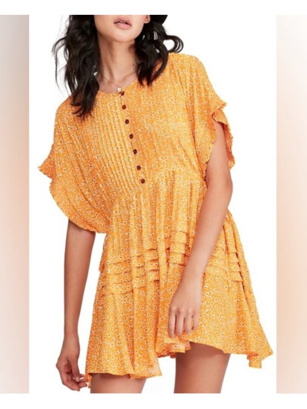 Free People One Fine Day Cottagecore Prairie Mini Dress in Yellow Combo